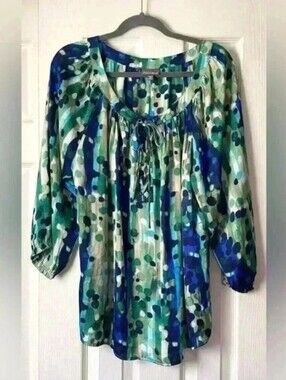 Roz & Ali blouse with blue and green abstract polka dots size 2X